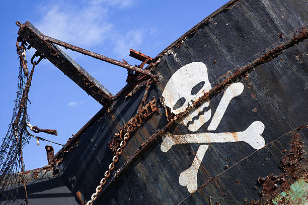 White skull with crossed bones on a rusty old black pirate ship. Photo: iStock